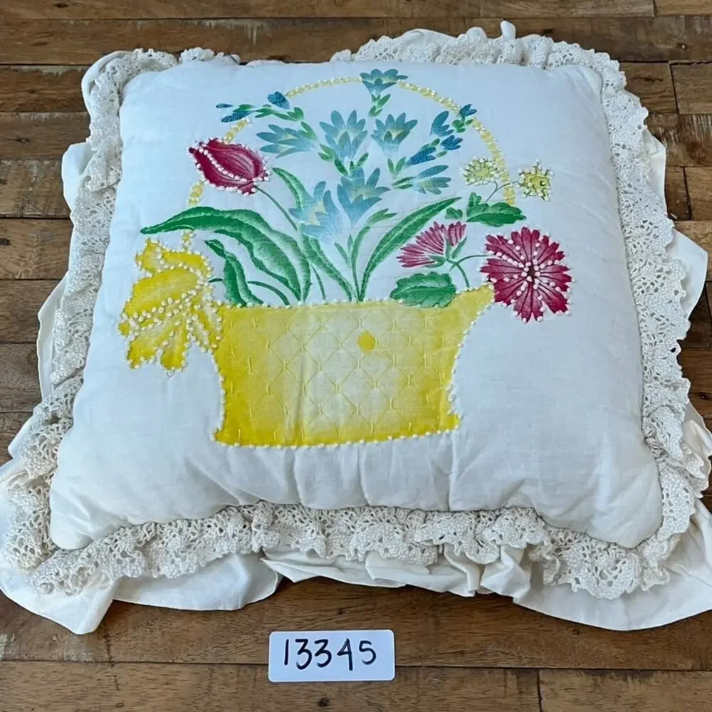 Vintage Floral Ruffled Lace Throw Pillow 11 x 11 Flowers In Basket Embroidery